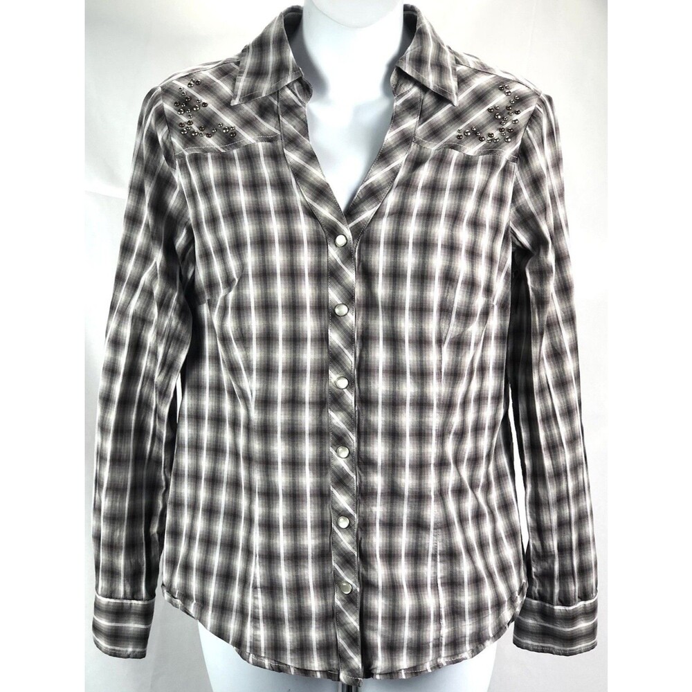 Ana Western Top M Gray Plaid Pearl Snap Button Roll Tab Sleeve Country Cottage